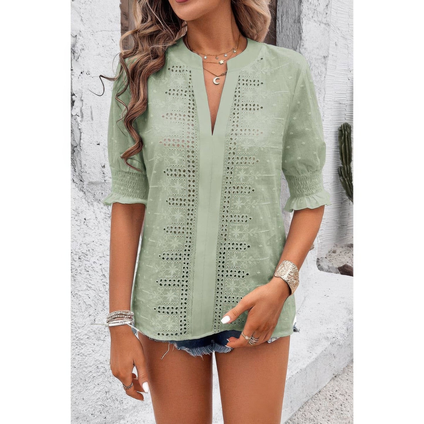 Solid Hollow Out Ruffle Hem V Neck Loose Blouse
