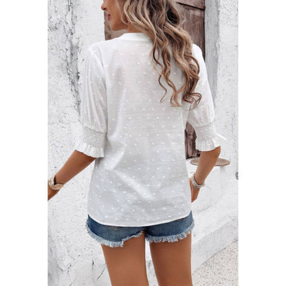 Solid Hollow Out Ruffle Hem V Neck Loose Blouse