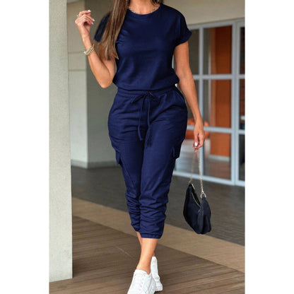 One Piece Solid Round Neck Shirt Drawstring Jumpsuit