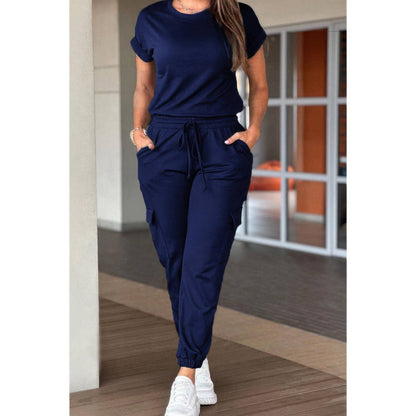 One Piece Solid Round Neck Shirt Drawstring Jumpsuit