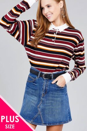 Plus Size Long-Sleeve Brushed Stripe Shirt – Burgundy/Plum