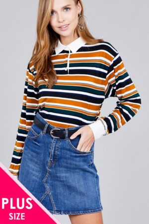 Plus-Size Long Sleeve Multi-Striped DTY Brushed Shirt – Mustard/Blue