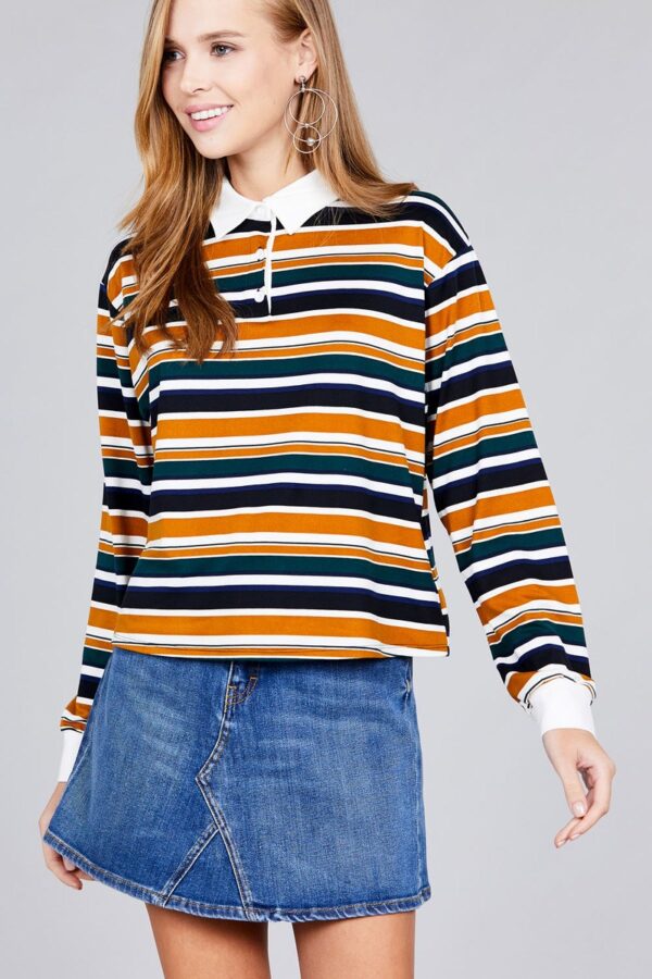 Plus-Size Long Sleeve Multi-Striped DTY Brushed Shirt – Mustard/Blue