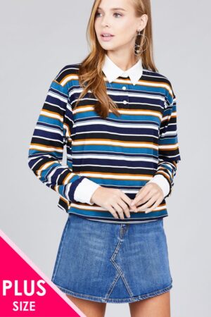 Plus Size Long Sleeve Multi-Striped Brushed Shirt – Navy/Blue