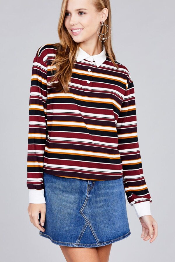 Plus Size Long-Sleeve Brushed Stripe Shirt – Burgundy/Plum