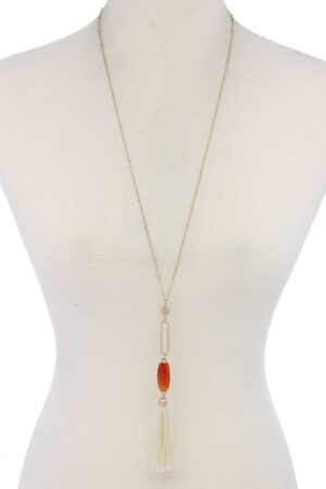Oval Cut-Out Bead Tassel Pendant Necklace – 28″