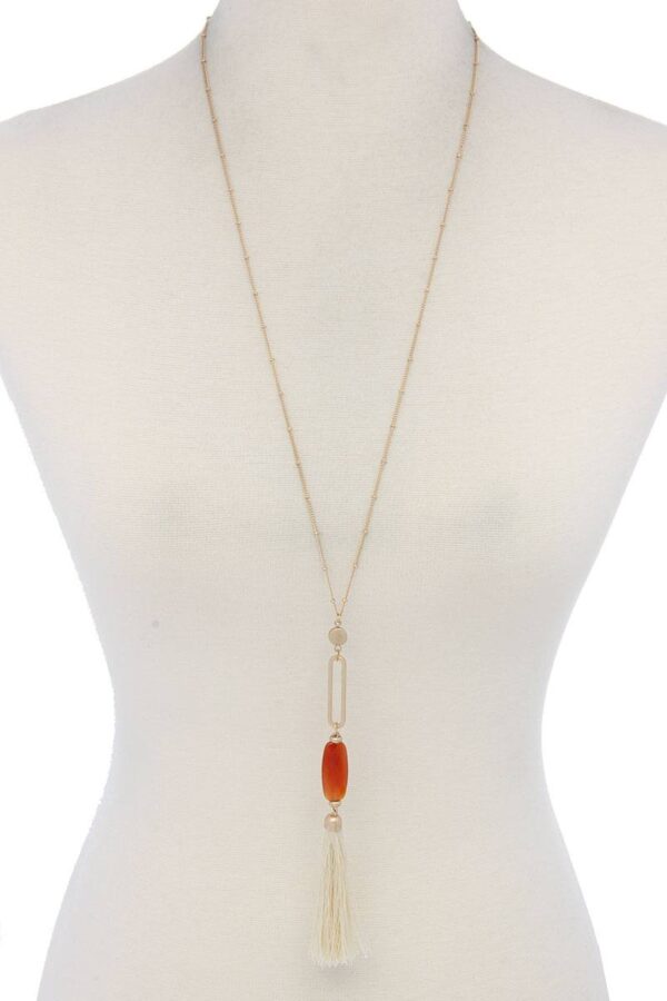 Oval Cut-Out Bead Tassel Pendant Necklace – 28″