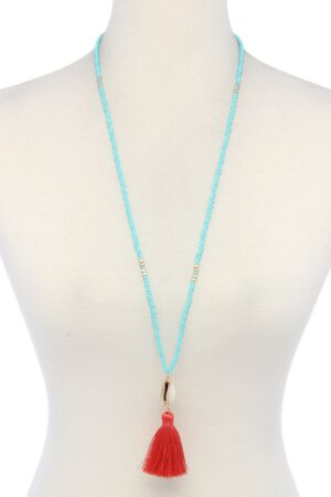 Cowrie Shell Tassel Beaded Necklace – 30″ Beach Accent