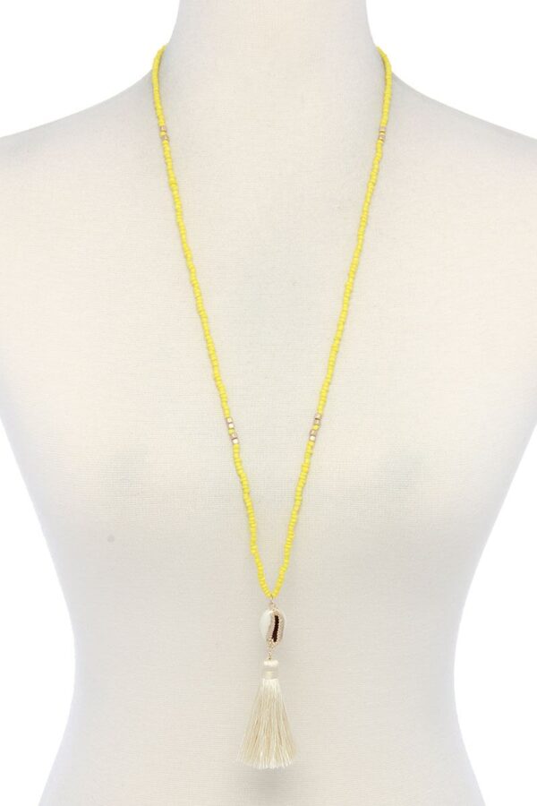 Cowrie Shell Tassel Beaded Necklace – 30″ Beach Accent