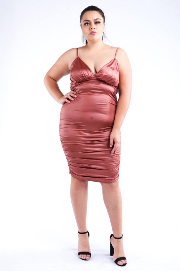 Ruched PU Plus-Size Mini Dress in Bronze