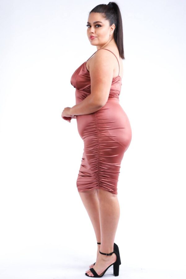 Ruched PU Plus-Size Mini Dress in Bronze