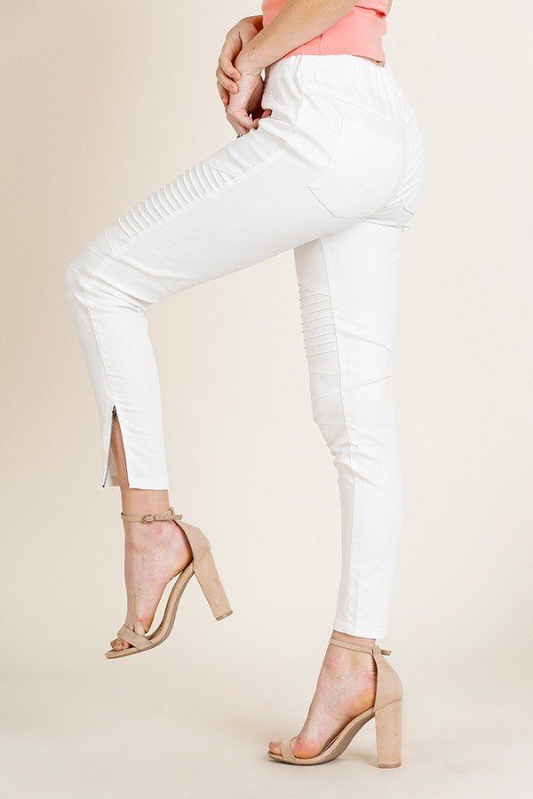 High Waist Skinny Moto Pant – Side Zip, Off White
