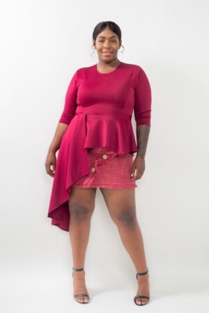 Plus-Size Asymmetrical Plume Blouse – Burgundy