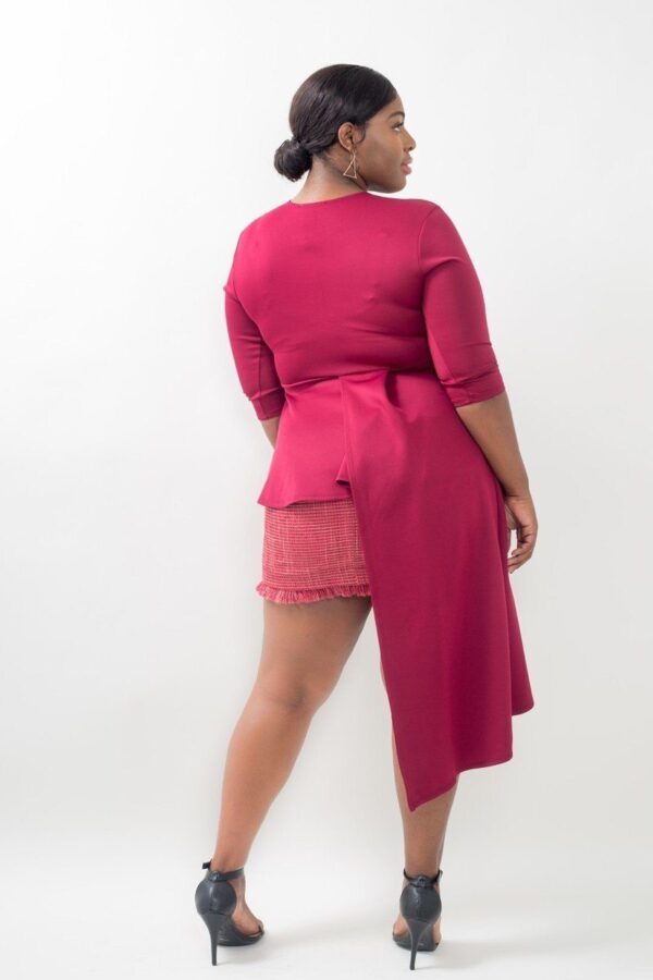 Plus-Size Asymmetrical Plume Blouse – Burgundy