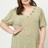 Knit V-neck Top with Banded Puff Sleeves – Sage