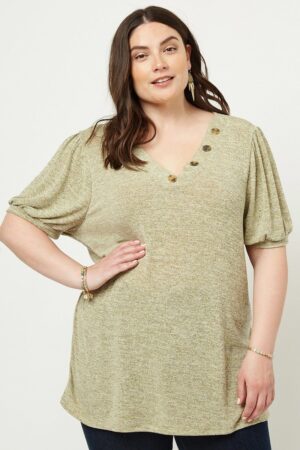 Knit V-neck Top with Banded Puff Sleeves – Sage