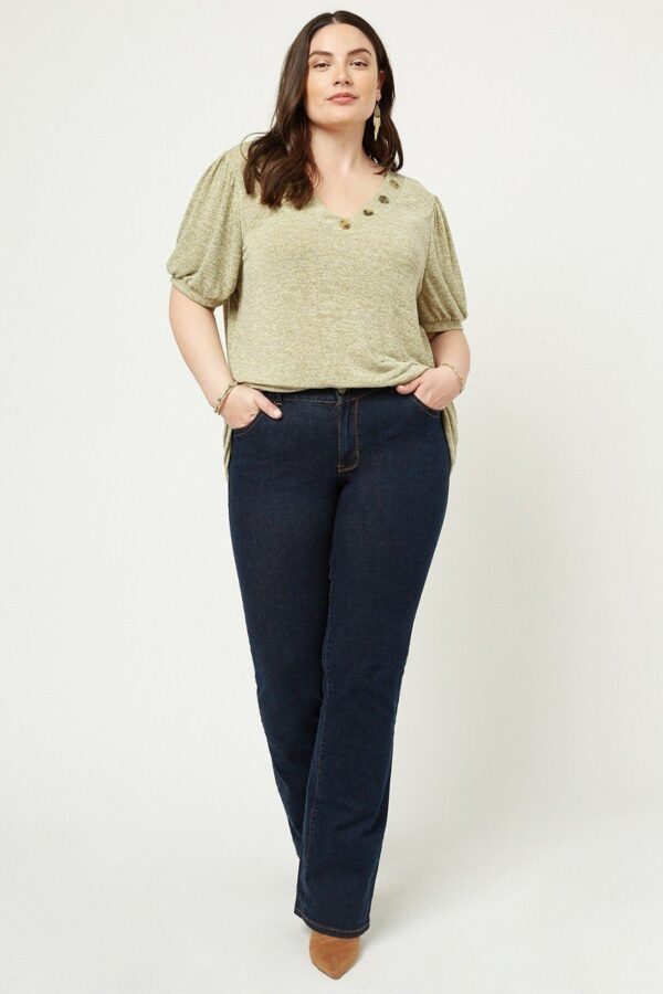 Knit V-neck Top with Banded Puff Sleeves – Sage