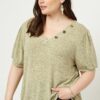 Knit V-neck Top with Banded Puff Sleeves – Sage