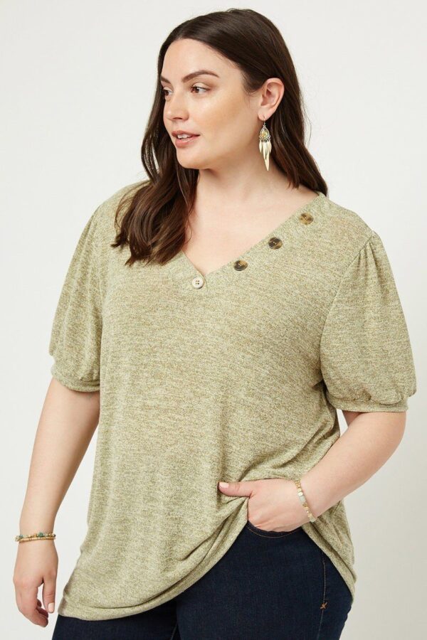 Knit V-neck Top with Banded Puff Sleeves – Sage