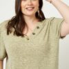 Knit V-neck Top with Banded Puff Sleeves – Sage