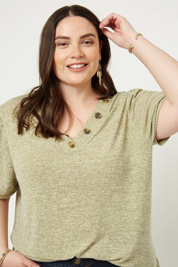 Knit V-neck Top with Banded Puff Sleeves – Sage