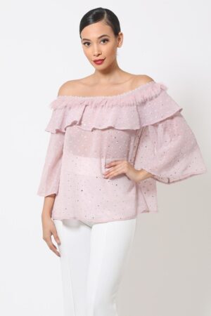 Polka Dot Sheer Off-Shoulder Top with Bell Sleeves – Mauve