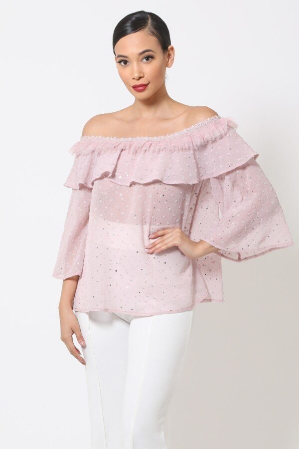 Polka Dot Sheer Off-Shoulder Top with Bell Sleeves – Mauve