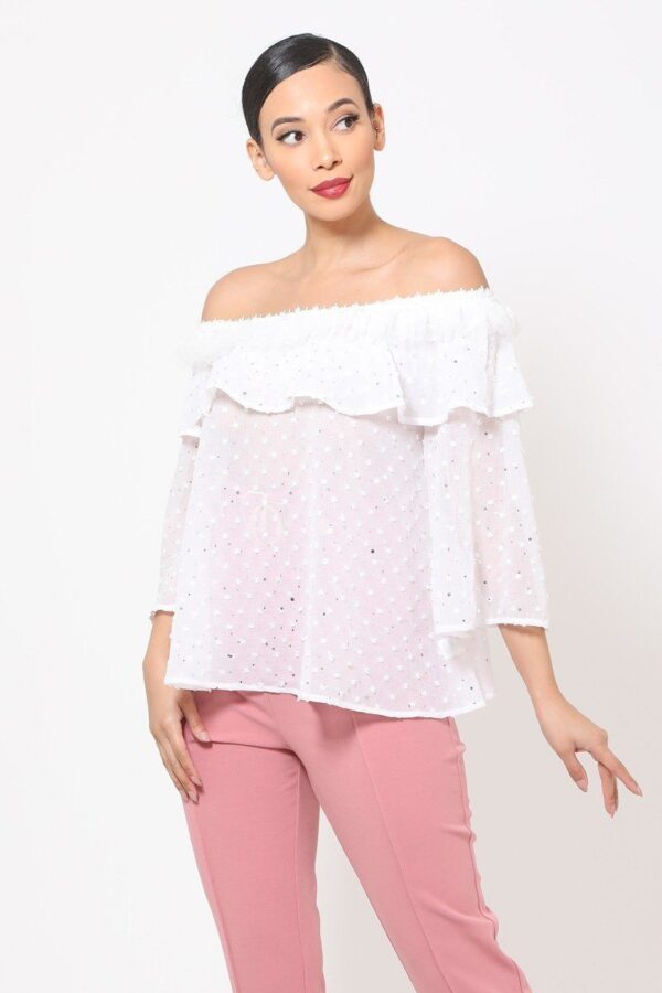 Polka Dot Sheer Off-Shoulder Top with Bell Sleeves – White