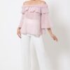 Polka Dot Sheer Off-Shoulder Top with Bell Sleeves – Mauve