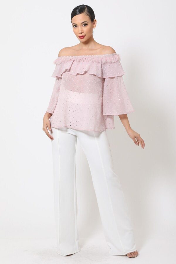 Polka Dot Sheer Off-Shoulder Top with Bell Sleeves – Mauve