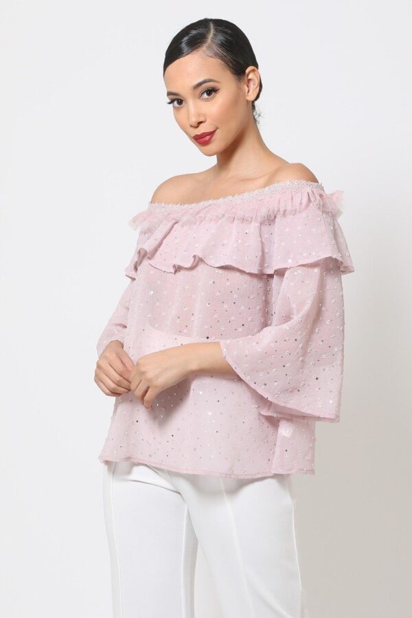 Polka Dot Sheer Off-Shoulder Top with Bell Sleeves – Mauve
