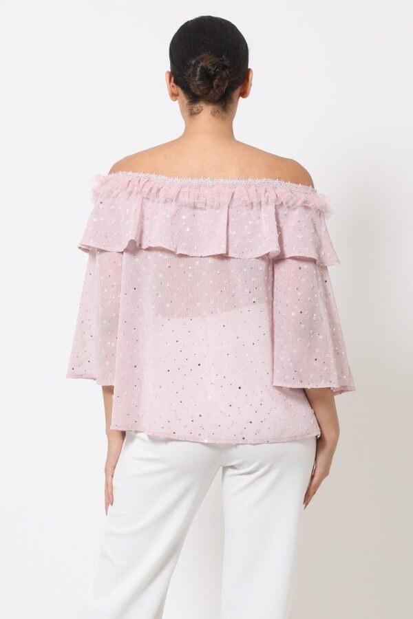 Polka Dot Sheer Off-Shoulder Top with Bell Sleeves – Mauve