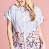 Plus Size Striped Button-Down Blouse with Embroidered Hem