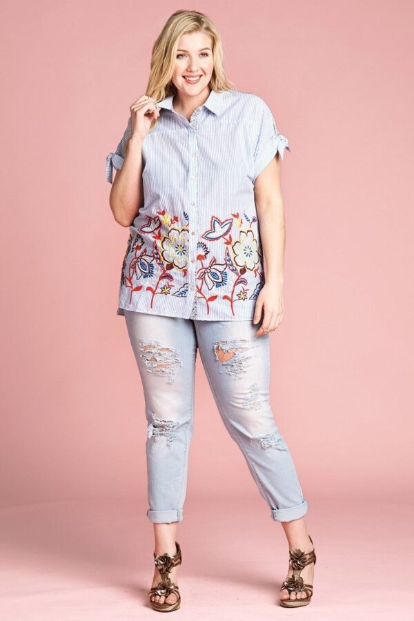 Plus Size Striped Button-Down Blouse with Embroidered Hem