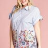 Plus Size Striped Button-Down Blouse with Embroidered Hem