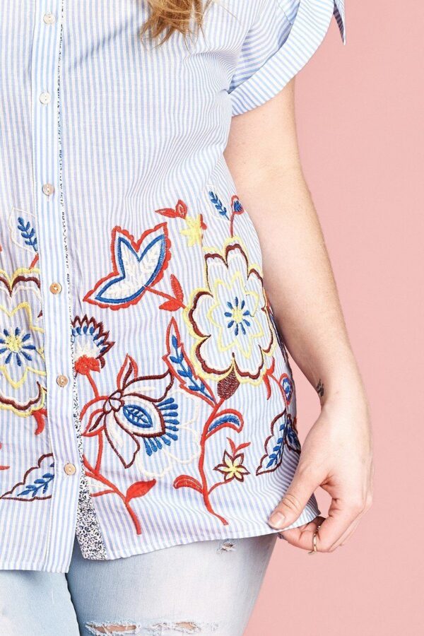 Plus Size Striped Button-Down Blouse with Embroidered Hem