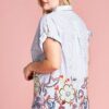 Plus Size Striped Button-Down Blouse with Embroidered Hem