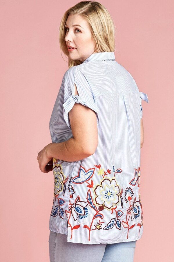 Plus Size Striped Button-Down Blouse with Embroidered Hem