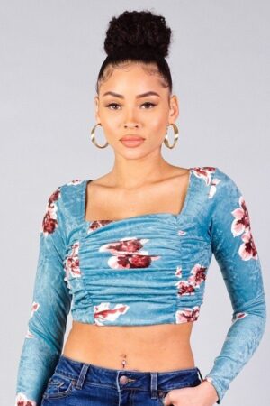 Ruched Velvet Floral Back-Tie Crop Top – Mint
