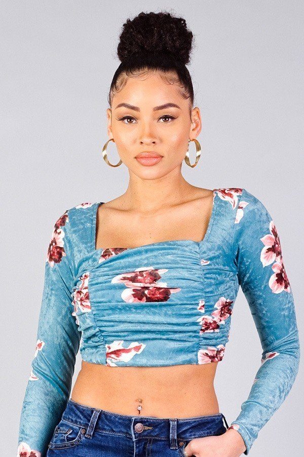 Ruched Velvet Floral Back-Tie Crop Top – Mint