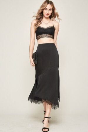 Mermaid Midi Skirt with Eyelash Lace Trim – Black