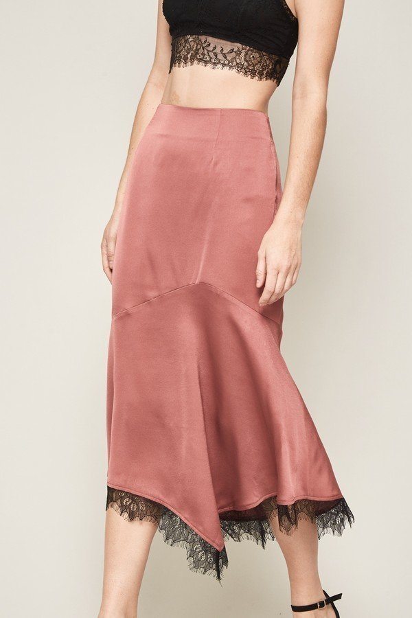 Midi Skirt – Mermaid Satin Crepe with Eyelash Lace (Rose)