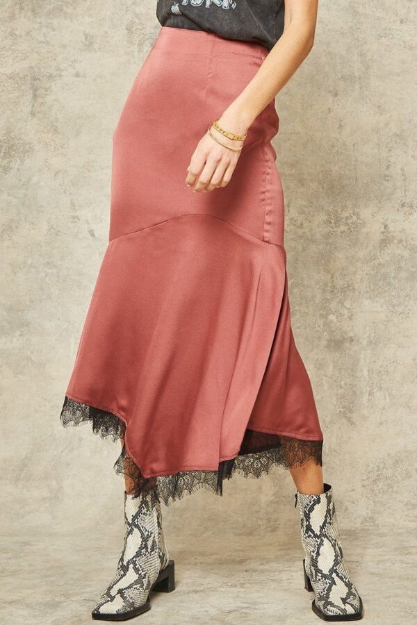 Midi Skirt – Mermaid Satin Crepe with Eyelash Lace (Rose)