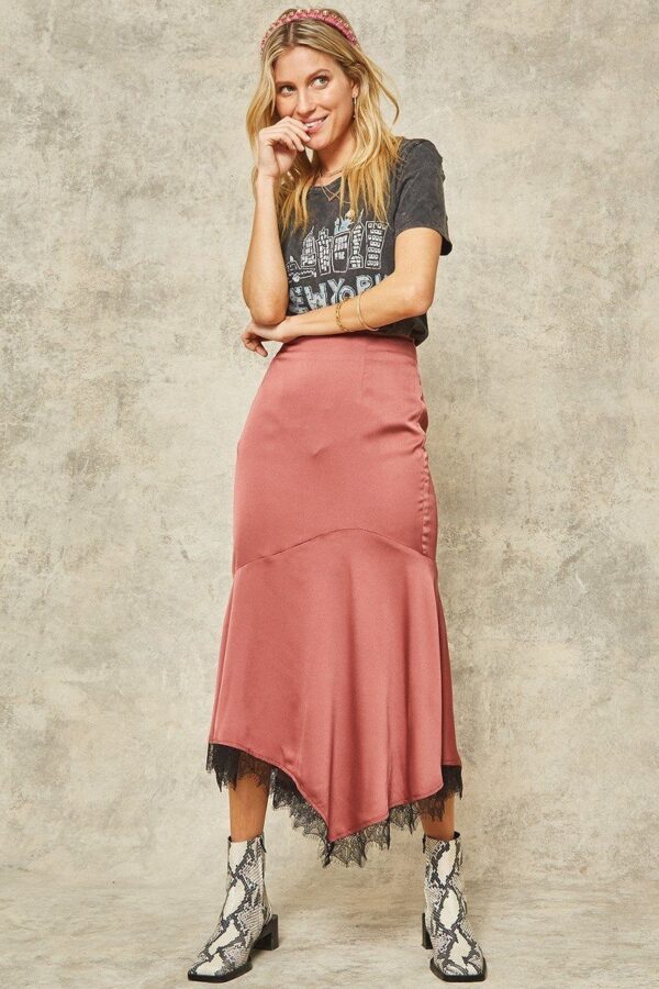 Midi Skirt – Mermaid Satin Crepe with Eyelash Lace (Rose)