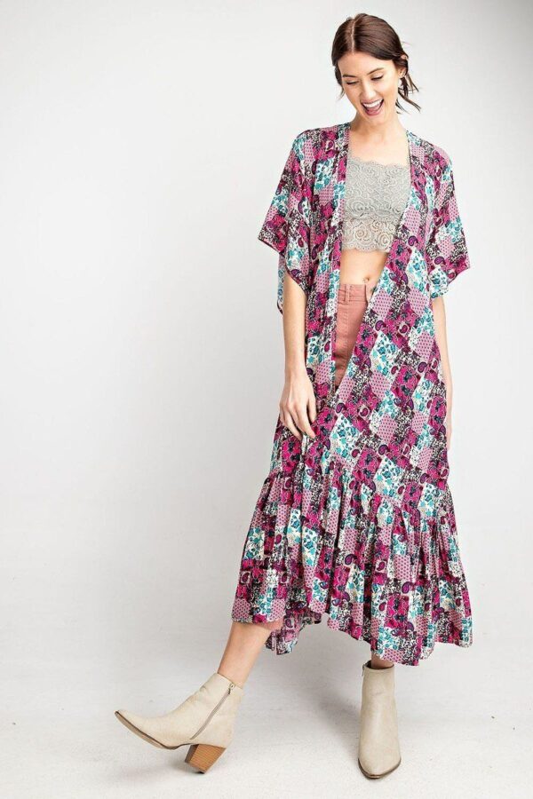 Rayon Challis Ruffle-Hem Maxi Kimono – Hot Pink