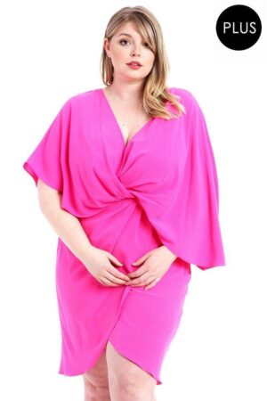 Woven Stretch Plus-Size Dress with Twist Wrap Waist – Pink