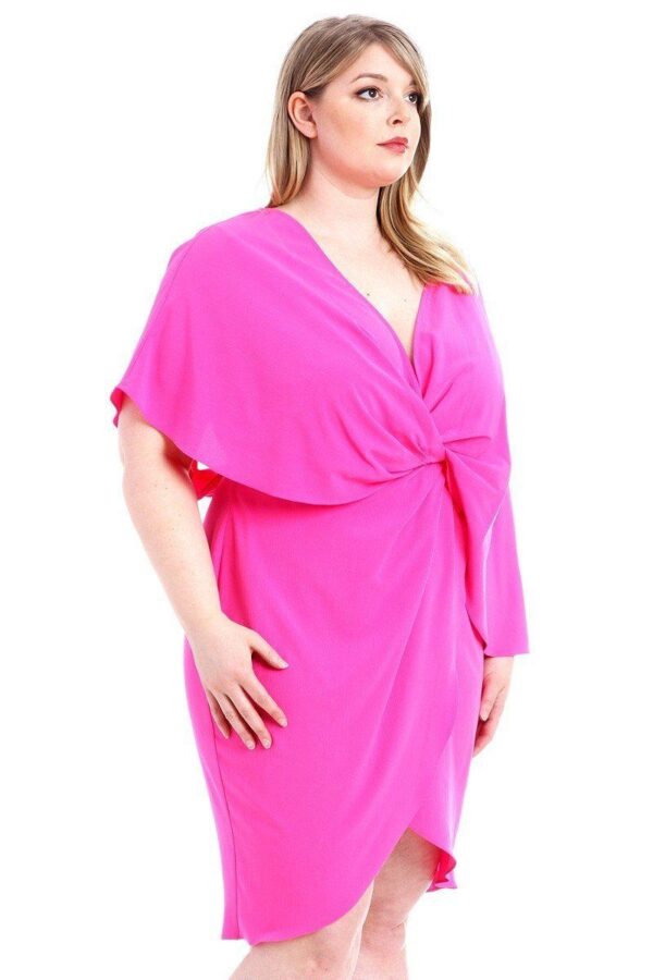 Woven Stretch Plus-Size Dress with Twist Wrap Waist – Pink