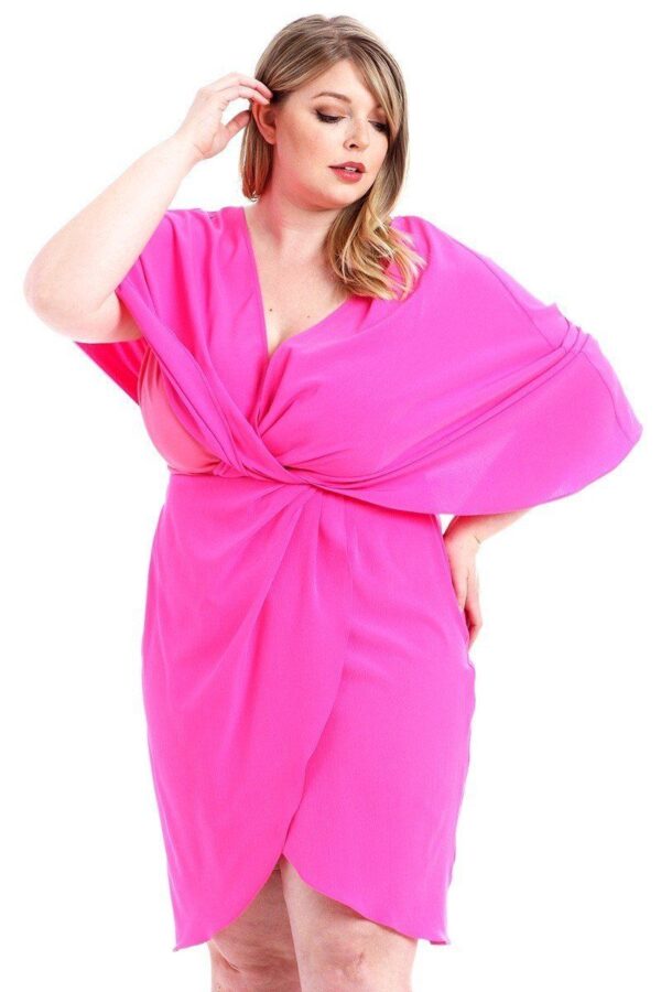 Woven Stretch Plus-Size Dress with Twist Wrap Waist – Pink