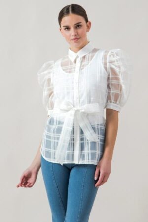 Sheer Organza Mini Top with Puff Sleeves – White