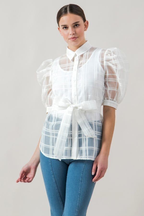 Sheer Organza Mini Top with Puff Sleeves – White